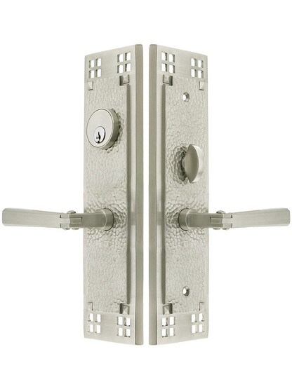 Craftsman F20 Function Mortise Lock Entryset in Satin Nickel with Left Hand Arts and Crafts Levers, and Stop/Release Buttons.